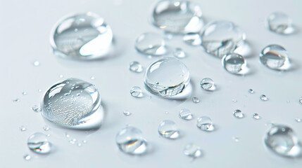 Transparent water droplets on a white surface