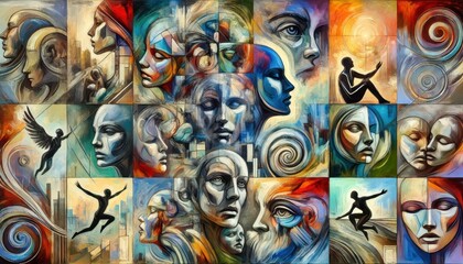 Abstract Art Painting of Faces, Figures and Swirls in Vivid Colors.