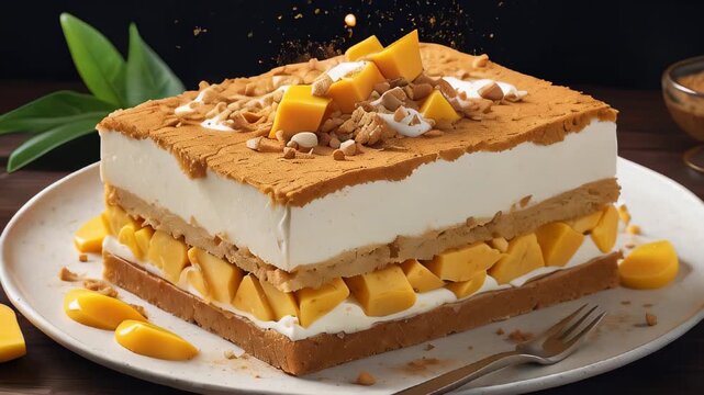 mango layer cake on a white plate, layers of fresh mango cubes, whipped cream, and sponge cake. Summer delicious dessert