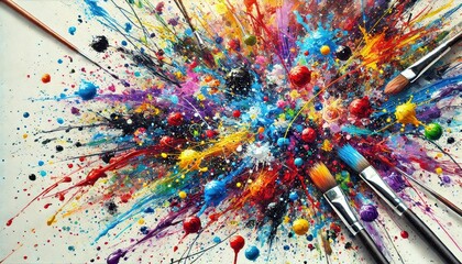Obraz premium Colorful Paint Explosion on Artist Palette with Brushes.