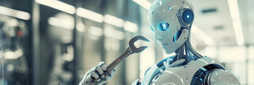 Poster High-tech robot holding a wrench in a modern laboratory setting. Concept of robotics in engineering and advanced technology.