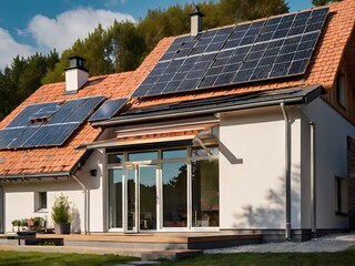 Fototapeta premium Close-up of a new suburban house with a photovoltaic system on the roof. Simple and modern environmentally friendly house with solar panels on the gable roof, with sunlight during the day
