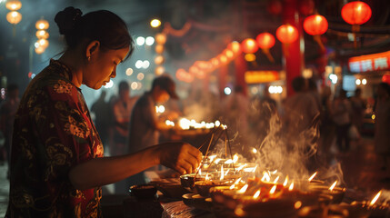 Hungry Ghost Festival, people lighting candles and incense on the streets at night, red lanterns...