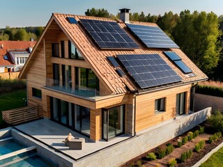 Close-up of a new suburban house with a photovoltaic system on the roof. Simple and modern environmentally friendly house with solar panels on the gable roof, with sunlight during the day