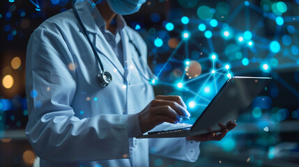 Medical technology, innovation health and medical research, healthcare and medicine concept. Doctor or technician working with AI data analysis, lab experiment, data science, photography.