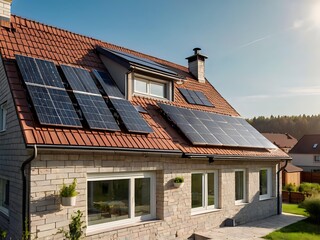Fototapeta premium Close-up of a new suburban house with a photovoltaic system on the roof. Simple and modern environmentally friendly house with solar panels on the gable roof, with sunlight during the day