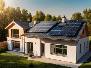 Obraz premium Close-up of a new suburban house with a photovoltaic system on the roof. Simple and modern environmentally friendly house with solar panels on the gable roof, with sunlight during the day