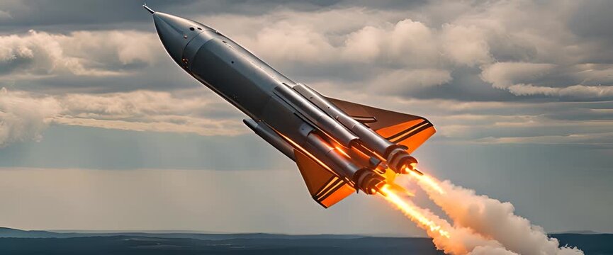 A shiny silver rocket taking off, with bright orange flames, smoke billowing out, on the dark blue background