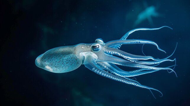 A giant squid swimming in the deep ocean, tentacles trailing behind