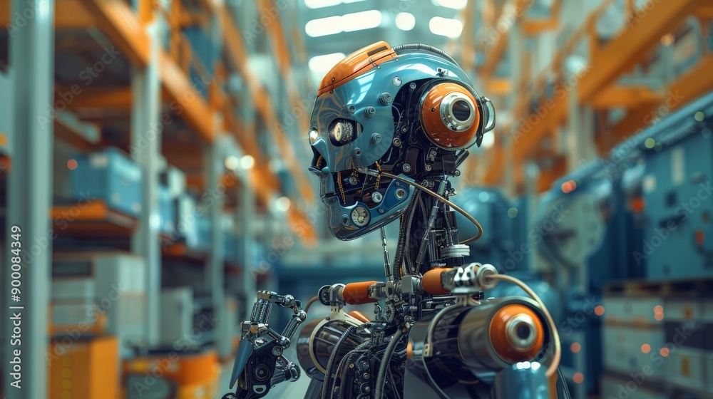 Poster Close-up of a detailed humanoid robot head in a high-tech facility. Advanced robotics and AI in modern manufacturing.