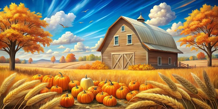 Vibrant autumn leaves and golden wheat surround a vintage barn, adorned with pumpkins and gourds, under a brilliant blue sky with wispy white clouds.