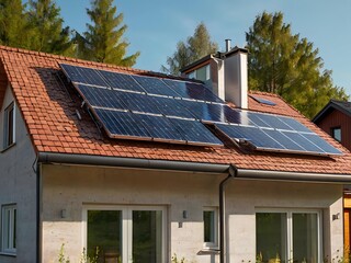 Fototapeta premium Close-up of a new suburban house with a photovoltaic system on the roof. Simple and modern environmentally friendly house with solar panels on the gable roof, with sunlight during the day