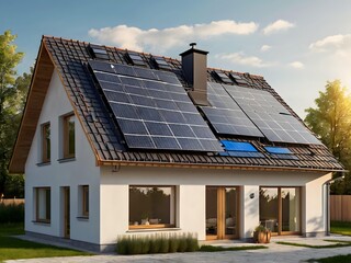 Fototapeta premium Close-up of a new suburban house with a photovoltaic system on the roof. Simple and modern environmentally friendly house with solar panels on the gable roof, with sunlight during the day