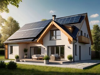 Close-up of a new suburban house with a photovoltaic system on the roof. Simple and modern environmentally friendly house with solar panels on the gable roof, with sunlight during the day