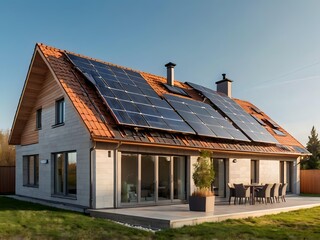 Close-up of a new suburban house with a photovoltaic system on the roof. Simple and modern environmentally friendly house with solar panels on the gable roof, with sunlight during the day