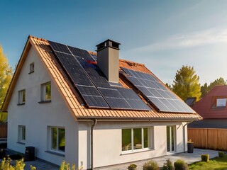 Close-up of a new suburban house with a photovoltaic system on the roof. Simple and modern environmentally friendly house with solar panels on the gable roof, with sunlight during the day