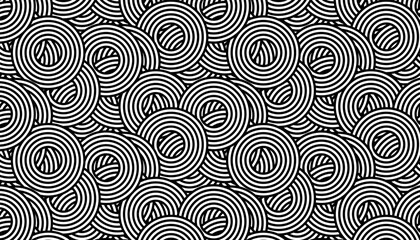 Seamless background with black and white overlapping circles pattern. Textile, wallpaper, interior design concept. Vector illustration.