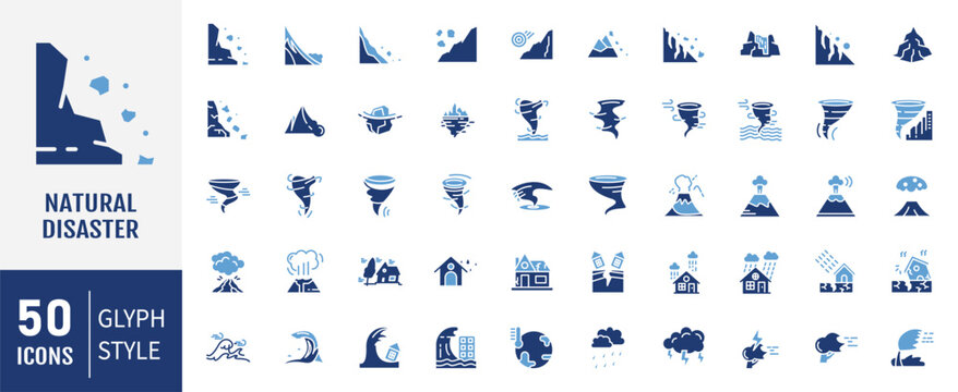 Natural disasters solid icon set. Containing icons: pollution, evacuation, Apocalypse, volcano, landslide and more. Vector illustration