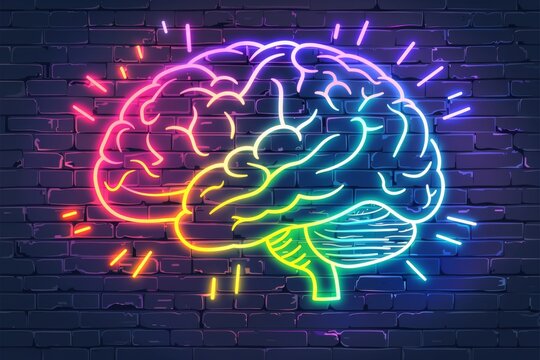 Neon brain illustration with rainbow colors on a dark brick wall background symbolizing creativity and innovation