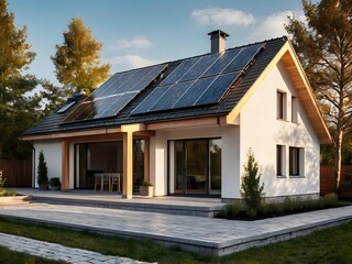 Naklejka premium Close-up of a new suburban house with a photovoltaic system on the roof. Simple and modern environmentally friendly house with solar panels on the gable roof, with sunlight during the day