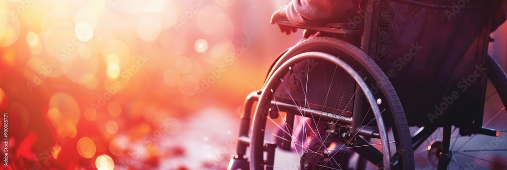 Poster Close-up of a wheelchair wheel with a bokeh background. Emphasizing the importance of accessibility.