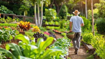 A gardener walks through a vibrant garden, carrying a basket filled with fresh produce, surrounded by lush greenery.