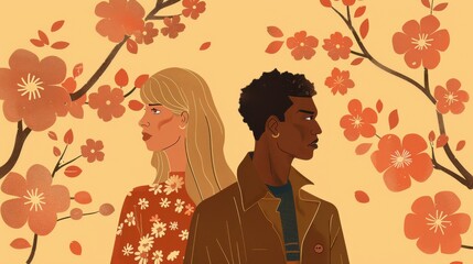 Chinese minimalism illustration, portrait of a dark-skinned couple, woman with medium-length straight golden blonde hair, wearing a blouse; man with short, curly dark brown hair, wearing a trench coat