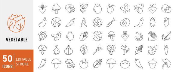 Set of 50 Line Vegetable icon. Editable stroke