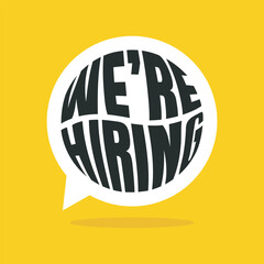 We are hiring text on speech bubble shape. Hiring recruitment open vacancy tag. We are hiring announcement for company employment. Join us template, banner, poster.