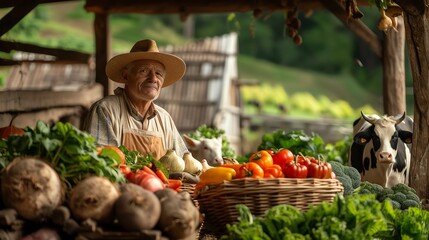 Fototapeta premium A smiling farmer at a rustic market stall, surrounded by fresh vegetables and a cow in a peaceful countryside setting.