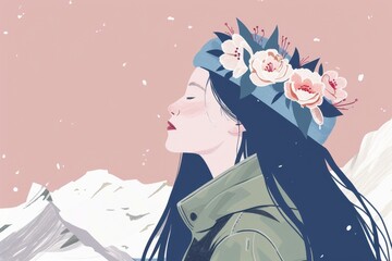 Chinese minimalism illustration, portrait of a fair-skinned woman with long, straight indigo hair styled with a floral headband, wearing a parka, flat illustration , boho woman