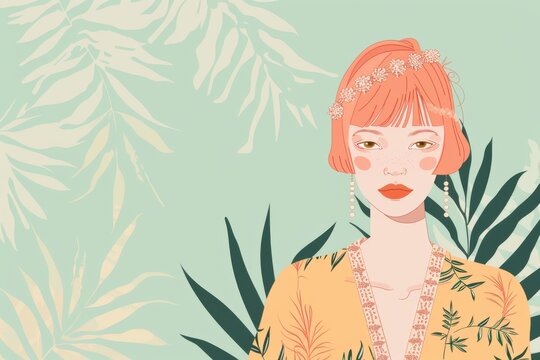 Chinese minimalism illustration, portrait of a fair-skinned woman with short, pastel peach hair styled in a chic pixie cut with a beaded headband, wearing a boho blouse, flat illustration , boho woman