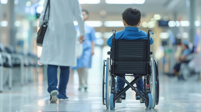Boy in wheelchair with doctors in a hospital corridor. Supportive moment in medical care setting. Embracing healthcare and accessibility.