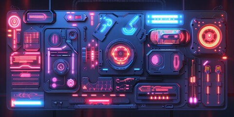Obraz premium A series of digital interface elements, such as buttons, sliders, and icons, rendered in a futuristic style with neon accents