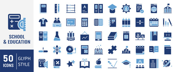 School icon set. Containing classroom, students icons. Education and knowledge symbol. Solid icons vector collection.