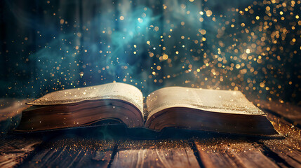 image of open antique book on wooden table with glitter overlay.