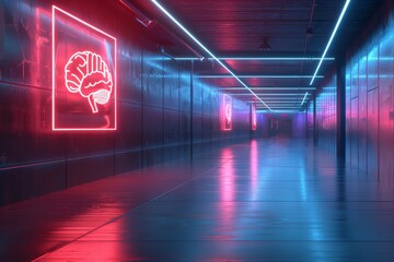 Neon brain sign in a high tech corridor highlighting advanced cognitive functions and technology