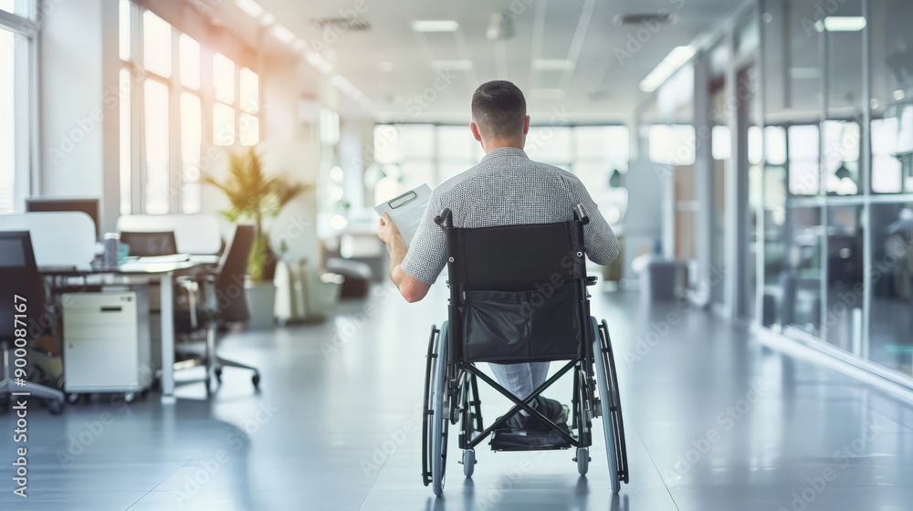 Poster man in wheelchair working at desk in well-lit modern office. disability inclusion and productive wor