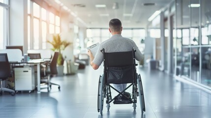Man in wheelchair working at desk in well-lit modern office. Disability inclusion and productive workspace.