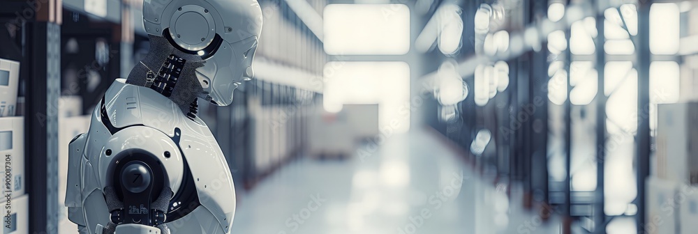 Aufkleber White humanoid robot in a futuristic warehouse. Advanced AI and robotics in modern logistics.
