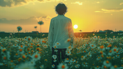 Fototapeta premium Person Standing in Daisy Field at Sunset..