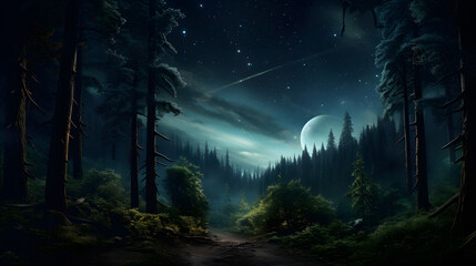 Fototapeta premium Forest mountain nebula sky night summer