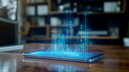 business data statistics virtual display over a smartphone on the table, business economy growth analysis 