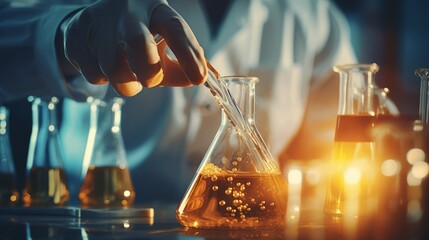 Flask in scientist's hand with laboratory equipment and science experiments, microscope for chemistry and biology test samples, examining liquid for healthcare research, scientific analysis in vintage