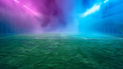 textured soccer game field with neon fog - center, midfield