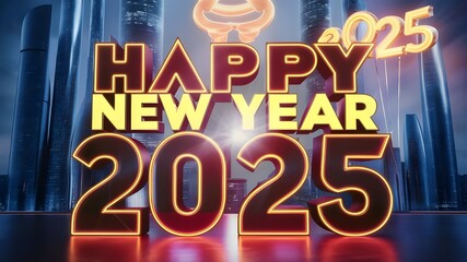 Happy new year 2025 celebration. Text design unique colorful futuristic design. 3d design. Countdown. Concept design. Balloon fireworks effect natural 