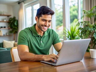 Fototapeta premium A Latin young man, dressed in a green polo shirt, smiling while using a laptop in a cozy home setting, sitting by a table and working on his computer.