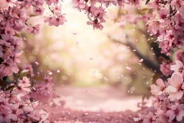Obraz premium Cherry Blossom Frame. A frame of delicate pink cherry blossoms with petals gently falling. The center opens to a blank, serene garden.