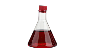 Scientific glass flask filled with red liquid used in laboratory experiments or chemical reactions. Isolated on white background.