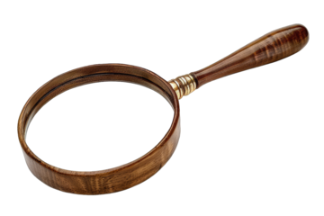 Vintage wooden magnifying glass with brass accents isolated on a white background, perfect for exploration or detective-themed projects.